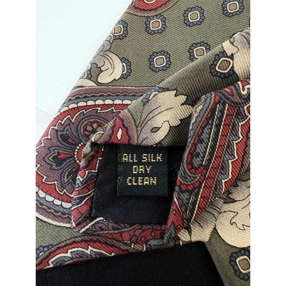 Vintage Bill Blass Silk Paisley Tie Olive Green Red Cream Made in USA 56.5